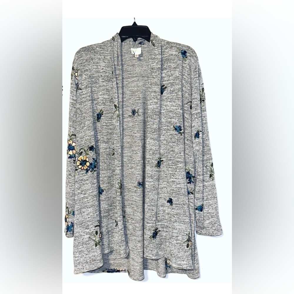 Anthropologie Fig and Flower Gray Blue Cardigan with Floral Embroidery SizeM